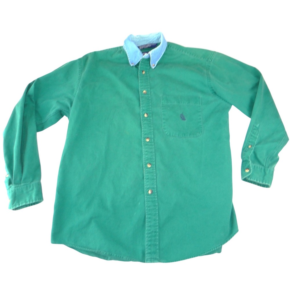 Vintage Nautica 90s Mens Green Cotton Twill Denim Collar Button Down Shirt L